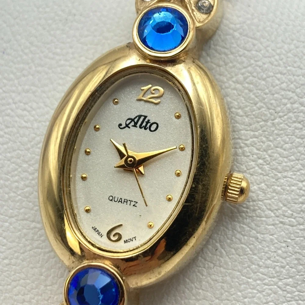 Alto Women's Watch 19mm Gold Tone Blue Crystals Cuff Oval New Battery 6.25